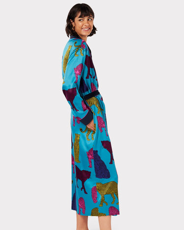 Satin Teal Leopard Print Long Robe